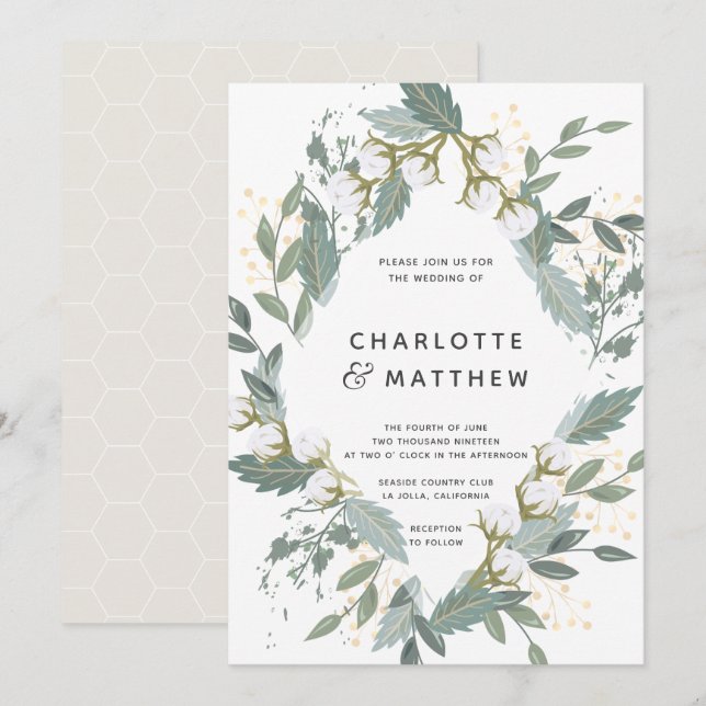 White Cotton Garden Diamond Botanical Wedding Invitation (Front/Back)