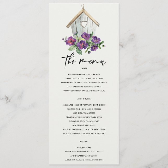 WHITE COUNTRY RUSTIC FLORAL BIRDHOUSE WEDDING MENU (Front)