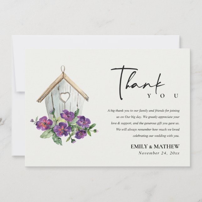 WHITE COUNTRY RUSTIC FLORAL BIRDHOUSE WEDDING THANK YOU CARD (Front)
