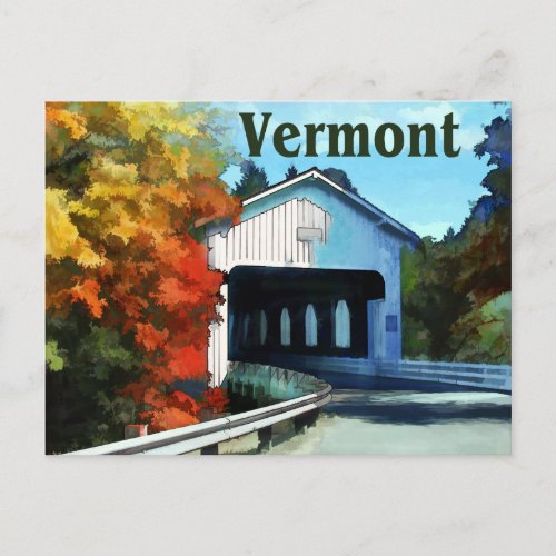 White Covered Bridge  Colorful Autumn Vermont Postcard