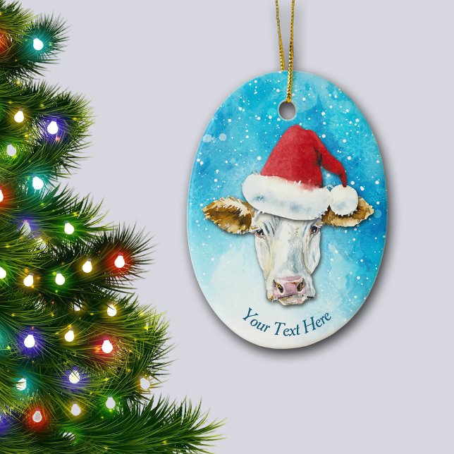 White Cow Santa Hat Christmas Ceramic Ornament (Creator Uploaded)