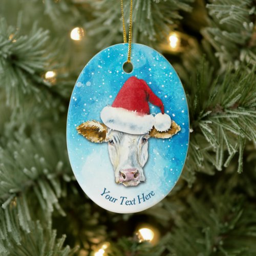 White Cow Santa Hat Christmas Ceramic Ornament