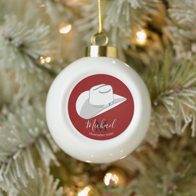 White cowboy hat ceramic ball christmas ornament (Tree)