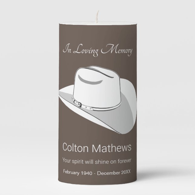 White cowboy hat memorial  pillar candle (Front)