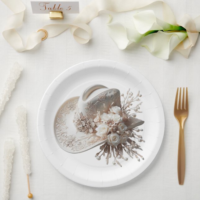 White Cowgirl Hat with Flowers Paper Plates (Wedding)