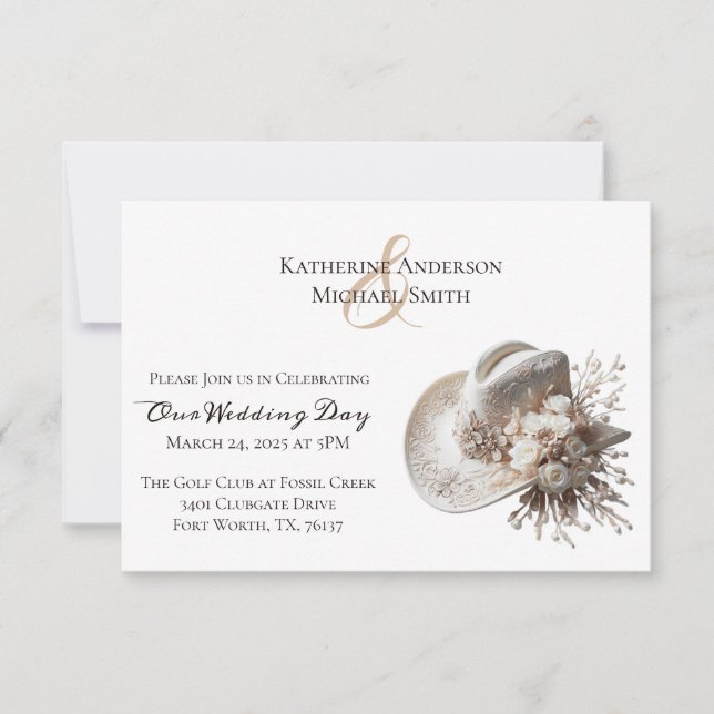 White Cowgirl Hat with Flowers Wedding Invitation (Front)