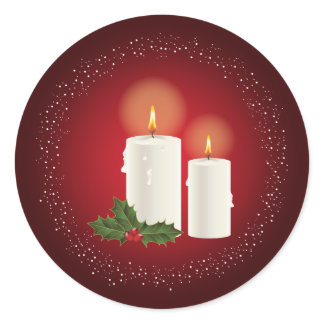 White Cozy Christmas Candles On Red With Holly Classic Round Sticker