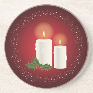 White Cozy Christmas Candles On Red With Holly Coaster