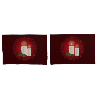White Cozy Christmas Candles On Red With Holly Pillow Case