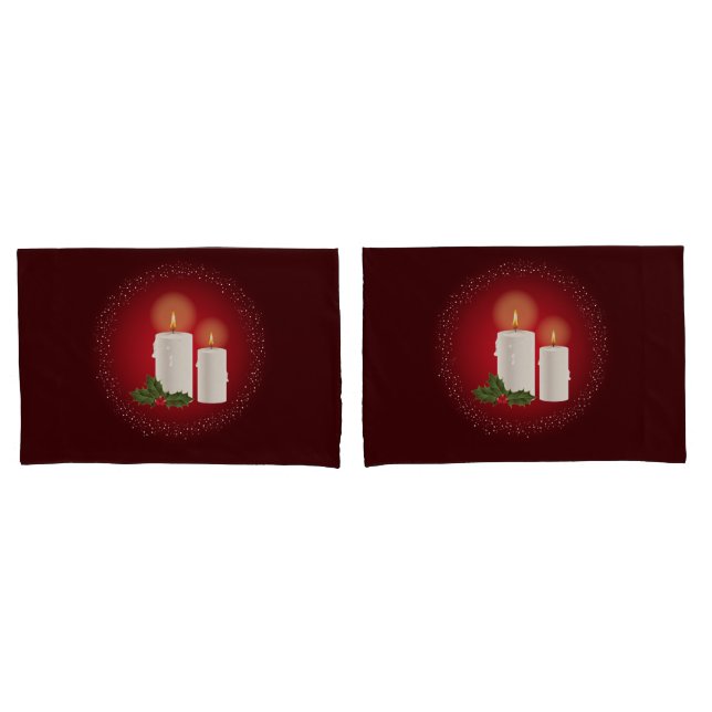 White Cozy Christmas Candles On Red With Holly Pillow Case (Front-Set)
