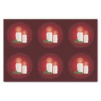 White Cozy Christmas Candles On Red With Holly Tissue Paper