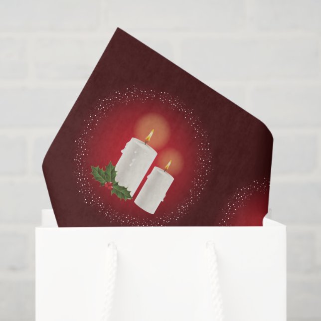 White Cozy Christmas Candles On Red With Holly Tissue Paper (Gift Bag)