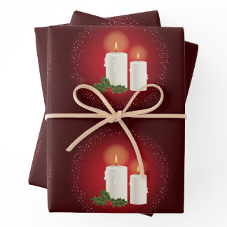 White Cozy Christmas Candles On Red With Holly Wrapping Paper Sheets