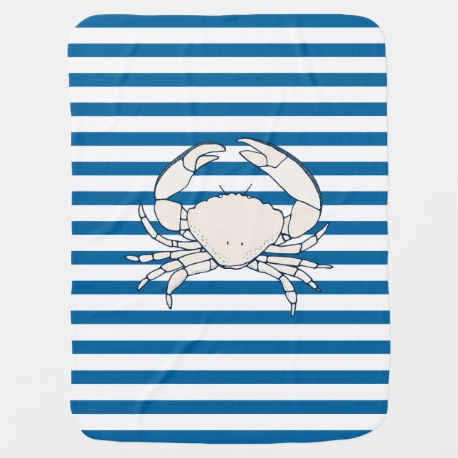 White Crab Blue and White Horizontal Stripe Swaddle Blanket (Front)