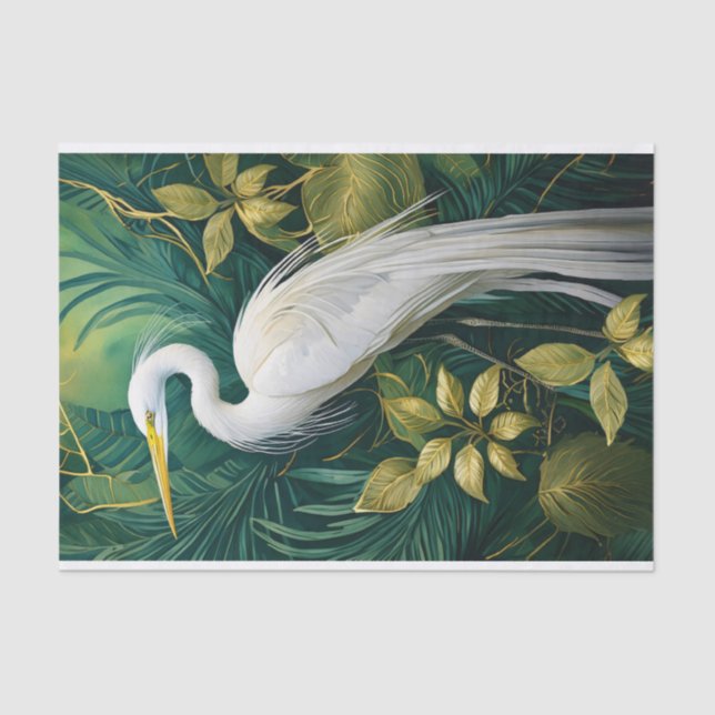 White Crane Botanical Design, Elegant Tropical Tissue Paper (Front)