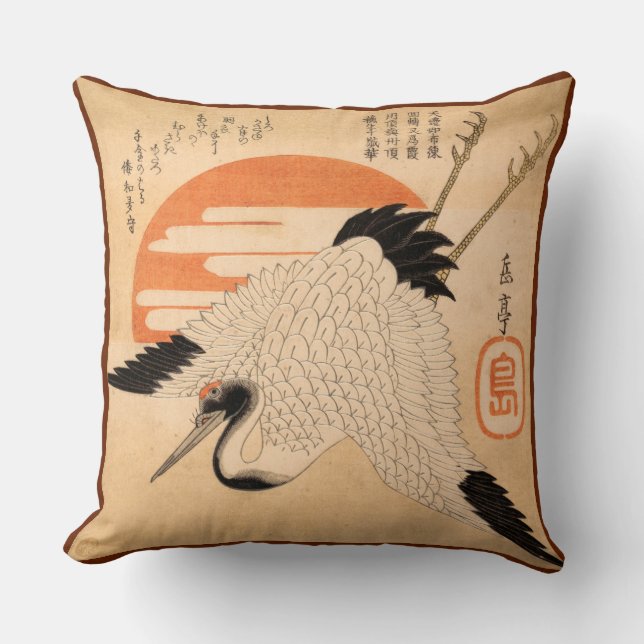 White Crane Flying across the Sun's Disc Throw Pillow (Front)