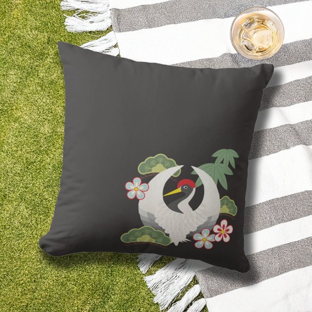 White Crane Japanese Lucky Symbols Black Throw Pillow (Creator Uploaded)
