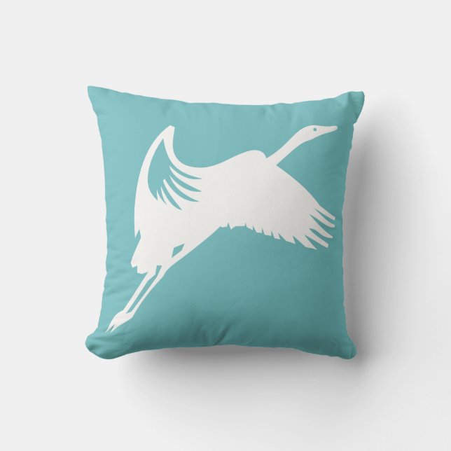 white crane on teal blue pillow (Front)
