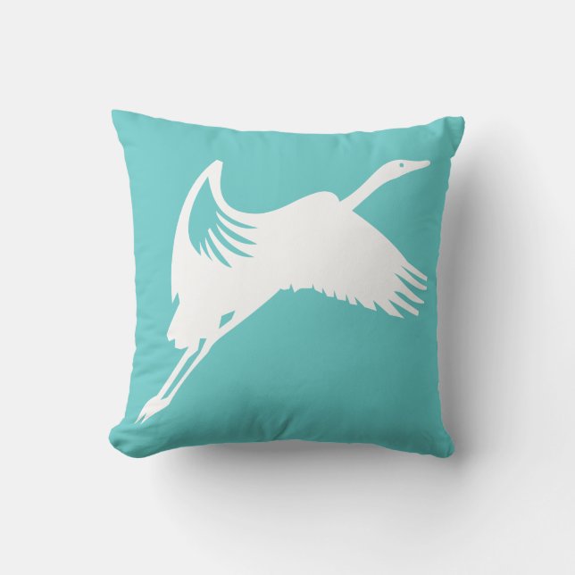white crane on teal blue pillow (Front)