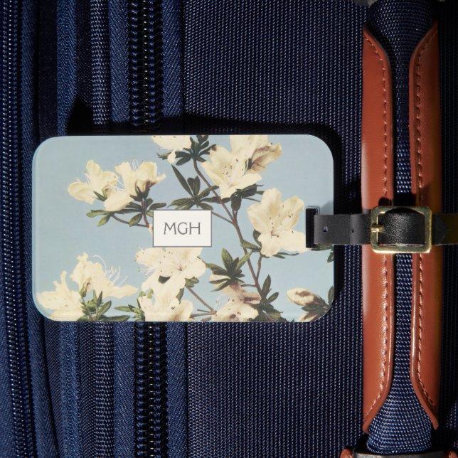 White Cream Azalea Flowers Monogram Luggage Tag (Front Insitu 4)