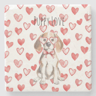 White Cream Beagle Dog Red Hearts Glasses Stone Coaster