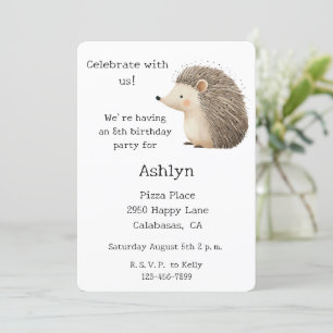 White Cream Brown Cute Hedgehog Animal Birthday Invitation