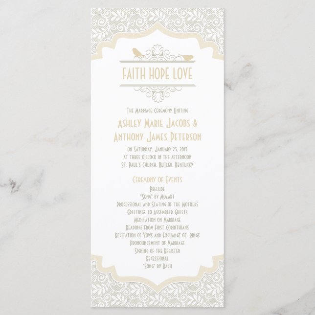 White Cream Champagne Lace Birds Wedding Program (Front)