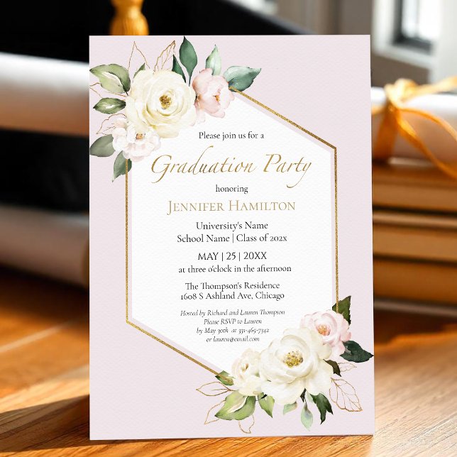 White Cream & Dusty Pink Floral Graduation Party Invitation (Creator Uploaded)