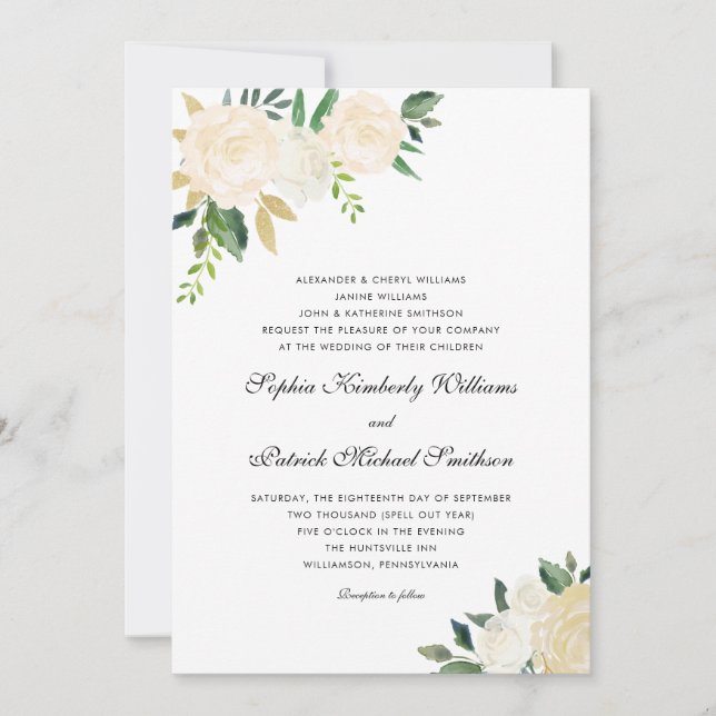 White Cream Floral  | 3 sets parents wedding Invitation (Front)