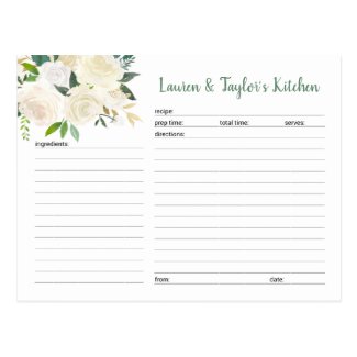 White Cream Floral bridal shower recipe card