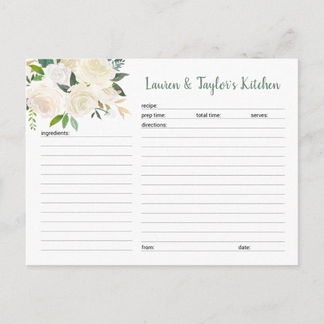 White Cream Floral bridal shower recipe cards (Front)