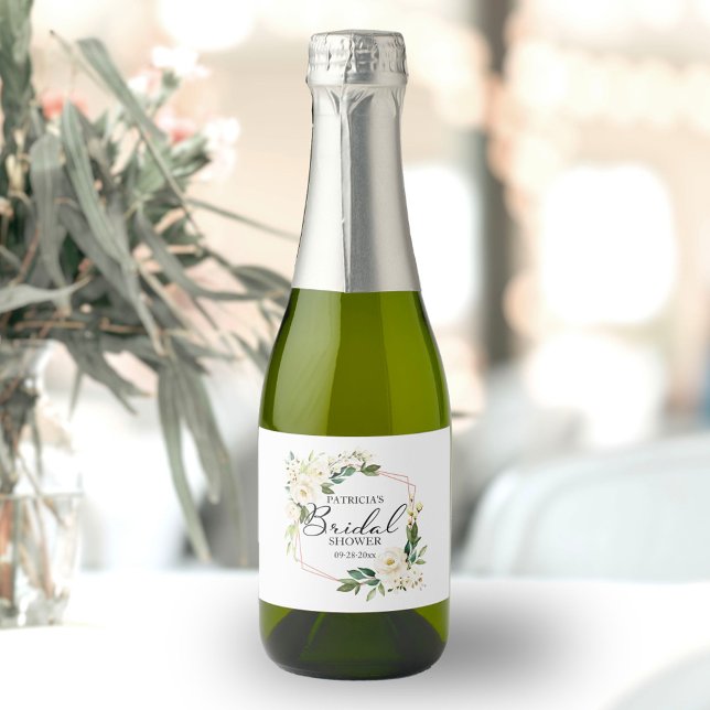 White Cream Floral Geometric Bridal Shower Sparkling Wine Label (Creator Uploaded)