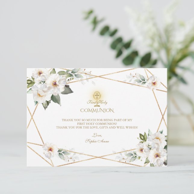 White Cream Floral Gold Girl First Holy Communion  Thank You Card (Standing Front)