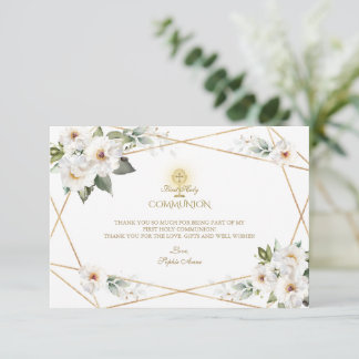 White Cream Floral Gold Girl First Holy Communion  Thank You Card