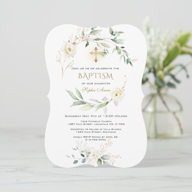 White Cream Floral Greenery Gold Cross Baptism  Invitation (Standing Front)