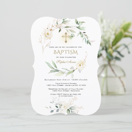 White Cream Floral Greenery Gold Cross Baptism  Invitation