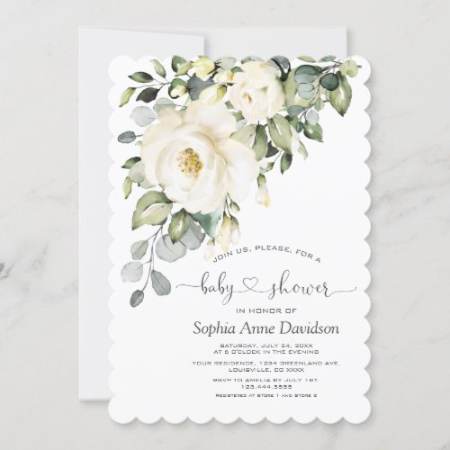 White Cream Floral Handwritten Script Baby Shower Invitation