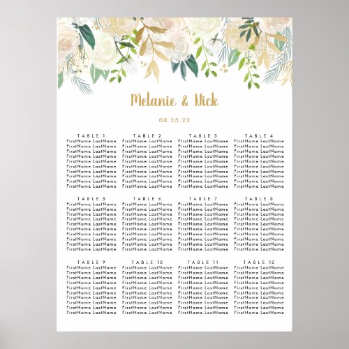 White Cream Floral wedding seating chart 12 tables