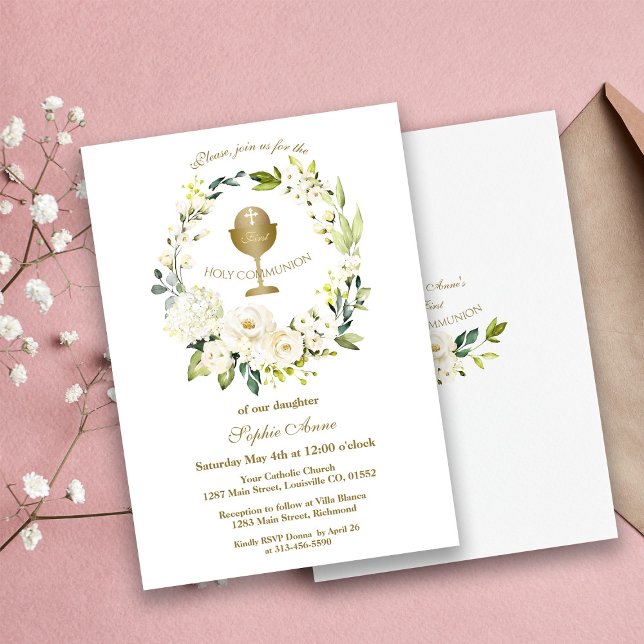 White Cream Floral Wreath Gold Holy Communion Invitation (Creator Uploaded)