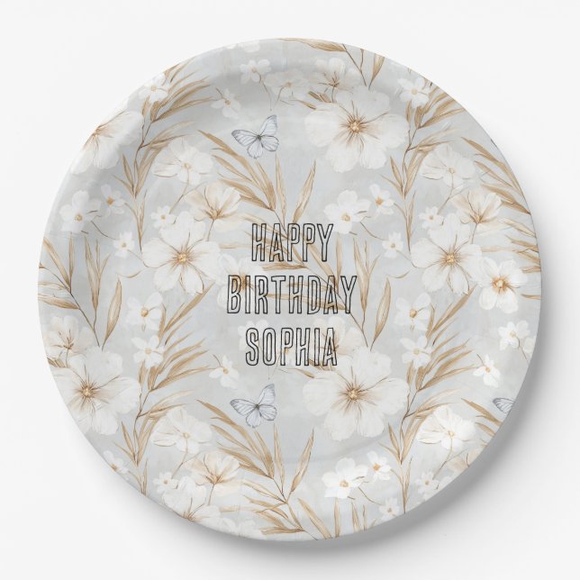 White Cream Flowers Blue Butterflies Birthday Paper Plates (Front)