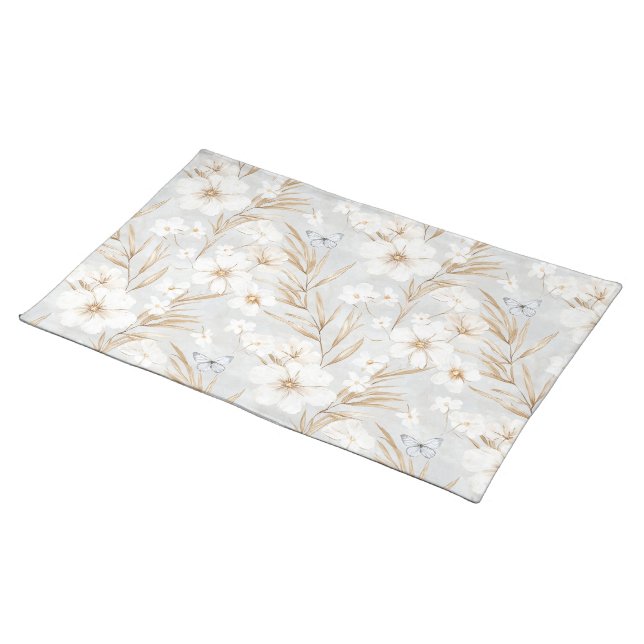 White Cream Flowers Blue Butterflies Bridal Shower Cloth Placemat (On Table)