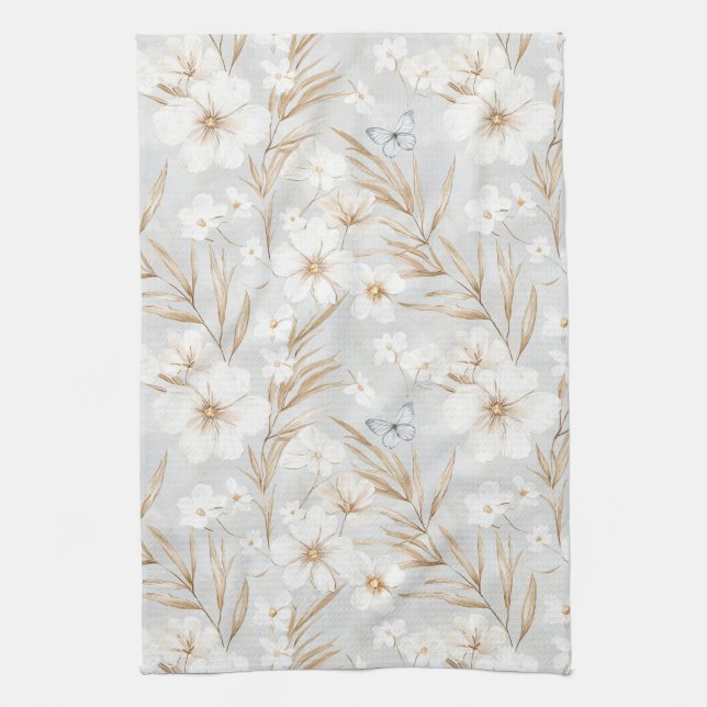 White Cream Flowers Blue Butterflies Bridal Shower Kitchen Towel (Vertical)