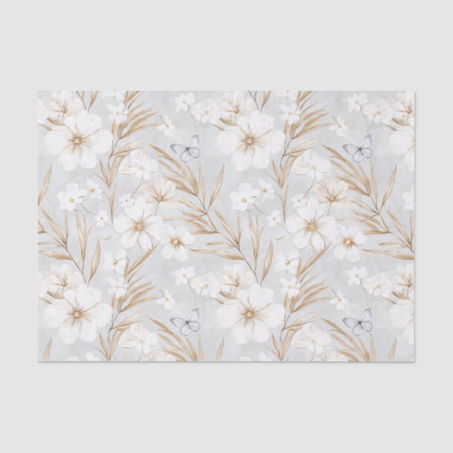 White Cream Flowers Blue Butterflies Bridal Shower Tissue Paper (Front)