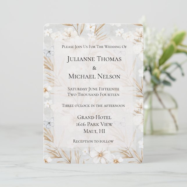 White Cream Flowers Blue Butterflies Wedding Invitation (Standing Front)