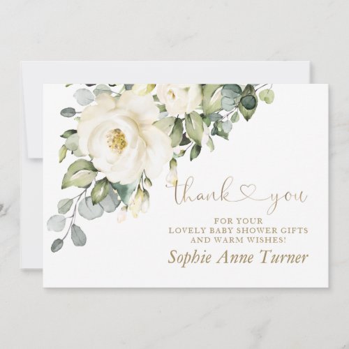 White Cream Flowers Girl Baby Shower Calligraphy Thank You Card