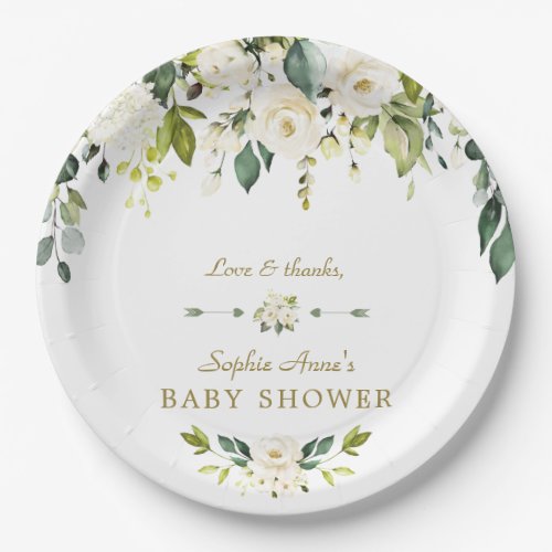White Cream Flowers Gold Baby Shower Paper Plates