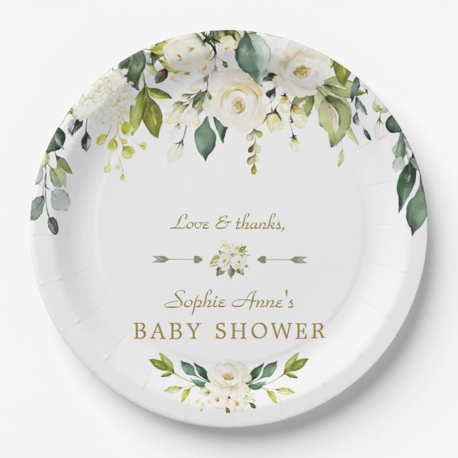 White Cream Flowers Gold Baby Shower Paper Plates (Front)