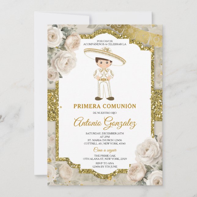 White Cream Flowers Gold Cute Boy Primera Comunión Invitation (Front)