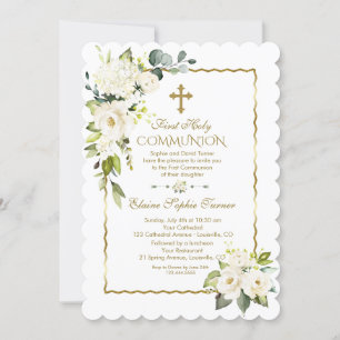 White Cream Flowers Gold First Holy Communion Invitation