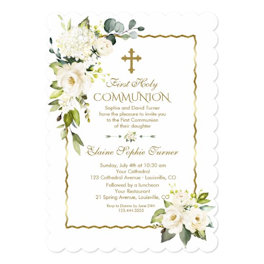 White Cream Flowers Gold First Holy Communion Invitation 